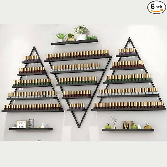 Wall-Mounted Nail Polish Rack, Set of 6 Triangular Black Nail Polish Shelf Lipstick Perfume Cosmetic Display Shelf for Home Spa Nail Salon Shop
