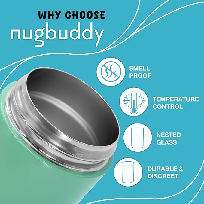 Nugbuddy Airtight Storage Container - Vacuum Sealed Insulated w Nested Glass Jar - UV Protection, Temperature Controlled Stainless - Stays Fresh - Whiteboard Finish w Marker Included - 300 ml (3/4 Oz)