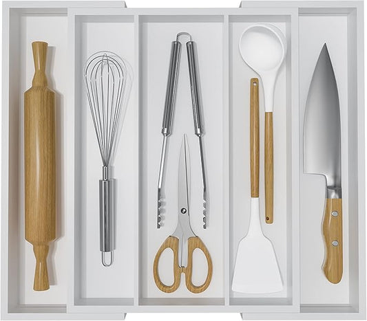 Utensil Organizer for Kitchen Drawers - Bamboo Silverware Tray Expandable 5 Slots Drawer Organizer for Office and Pantry Supplies W13.7-19.9" x L17.6 X H2.5 (White)