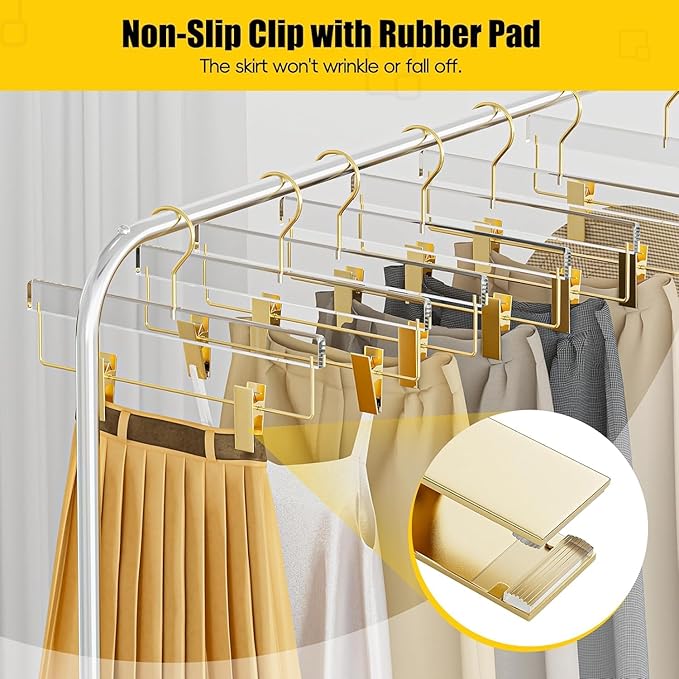 30 Pack Gold Acrylic Hangers, Clear Pants Hangers with Adjustable Non-Slip Clips for Pants, Skirts, Jeans, Trousers, Adults & Kids, Clothing Closet Storage