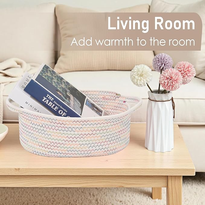 JMvicyroam Woven Basket,Small Rope Storage Bin with Handles & Ribbon Bag, Organizer for Shelves Closets,Gift Basket Empty for Birthday,Books,Dog Toys, Colorful/2 Pack