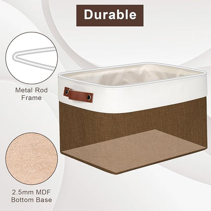 Bagnizer Storage Bins Large Fabric Storage Baskets for Shelves 3 Pack, Decorative Linen Closet Baskets with Handles for Organizing, Shelf, Clothes, Home, Office, 15x11x9.5Inches (Brown&White)