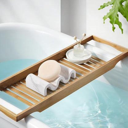Diatomite Soap Dish Quick Drying Bar Soap Holder Draining Soap Saver Rack Wave Pattern Sponge Tray for Bathroom Sink, Shower, Kitchen, Marble White