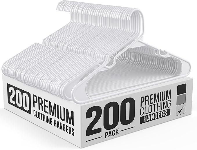 Our Modern Space 200 Pack Plastic Hanger for Shirt Pants Coats Dresses Skirts Suits Jackets - Standard Thick Coat Hanger - Sturdy & Durable Design with Shoulder Grooves Hook - White