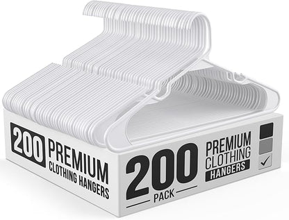Our Modern Space 200 Pack Plastic Hanger for Shirt Pants Coats Dresses Skirts Suits Jackets - Standard Thick Coat Hanger - Sturdy & Durable Design with Shoulder Grooves Hook - White