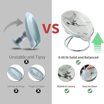 Dobbyby Leaf-Shaped Soap Dish – Ceramic Soap Bar Holder with Self-Drainage System – Bar Soap Holder for Shower, Bathroom Sink, Kitchen – Soap Dish with Stainless Steel Stand (White-Sliver-2 Pack)