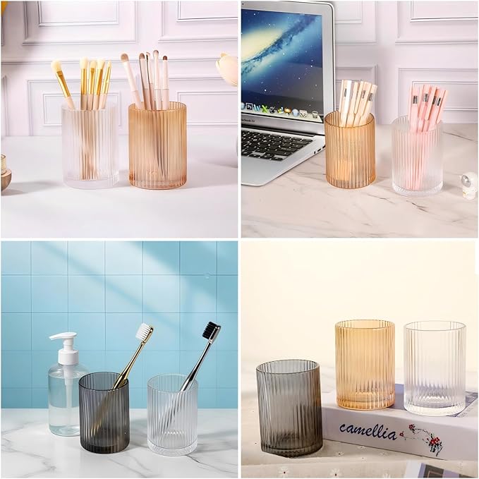 DASITON Makeup Brush Holder Organizer, Crystal Cosmetic Makeup Brushes Storage Holder, Glass Make Up Brush Holder, Vintage Striped Make Up Cup Desk Pen Pencil Holder, Toothbrush Holders (Clear S)