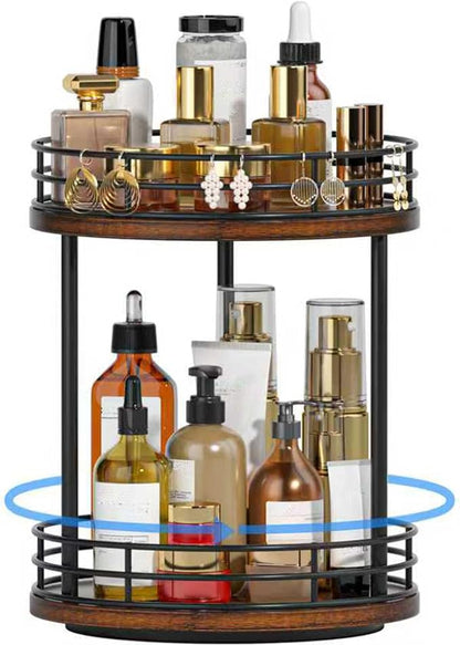 2-Tier Rotating Bathroom Countertop Organizer, Wooden Makeup Vanity Storage, Multifunctional Lazy Susan Turntable for Skincare, Perfume and Cosmetics (Brown)