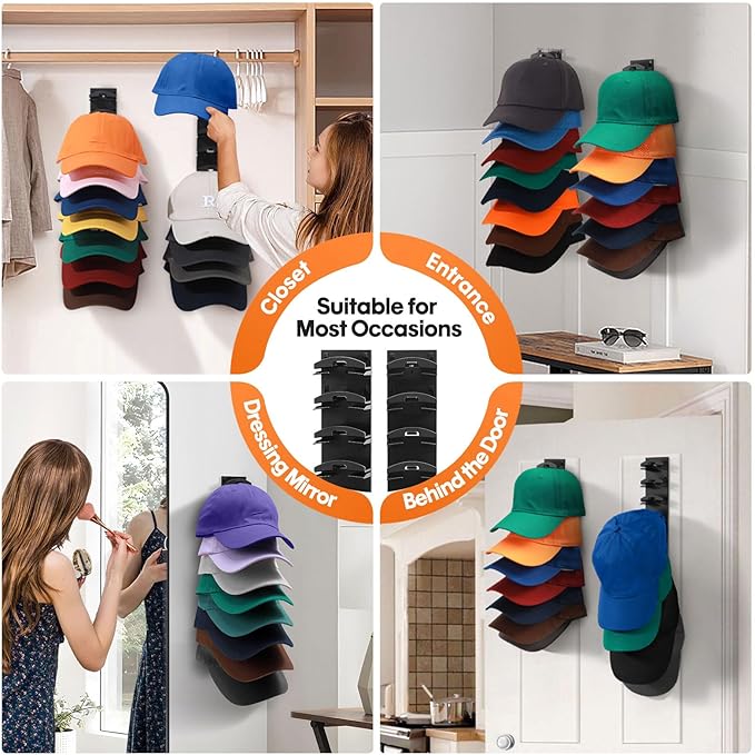 HINIHAO 2 Pack Hat Organizer for Baseball Caps, Hat Rack for Wall with Strong Adhesive, Wall Mounted Hat Hooks Hold up to 16 Hats for Closet Door and Bedroom (Black)