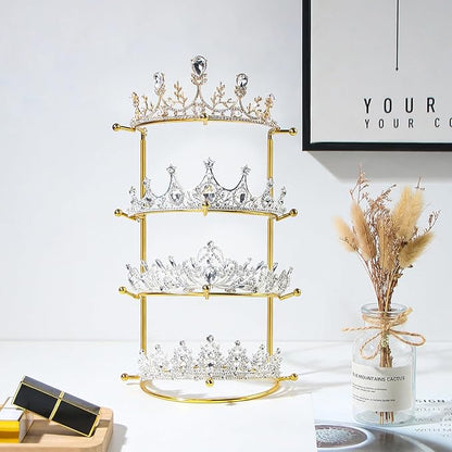 Byken 4 Tier Crown Holder,Tiara Organizer,.Golden Bridal Headdress Display Stand for Selling,Headband Ear Crown Storage Tower,Jewelry Holder for Girls Wedding Home Shop Store (Gold)