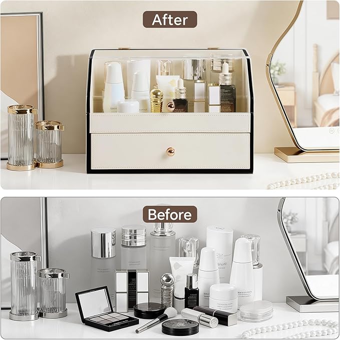 Leather Makeup Organizer & Skincare Storage Rack - Cosmetic Display Case with Dustproof Transparent Cover, Drawer Jewelry Storage, for Bedroom Vanity, Perfume & Lipstick Organizer - White