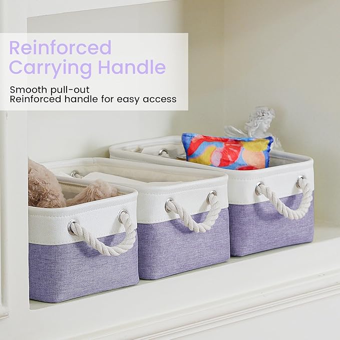 Storage Baskets for Shelves 11.8x7.9x5.2 Inch, Foldable Fabric Storage Bins with Handles, Small Storage Baskets for Organizing Closet, Office, Home Organization (1-Pack, White&Purple)