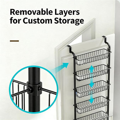 Over The Door Organizer - 4/6/8 Tier Removable Metal Storage Baskets for Pantry Bathroom Back of Door Adjustable Door Hanger Rack Black