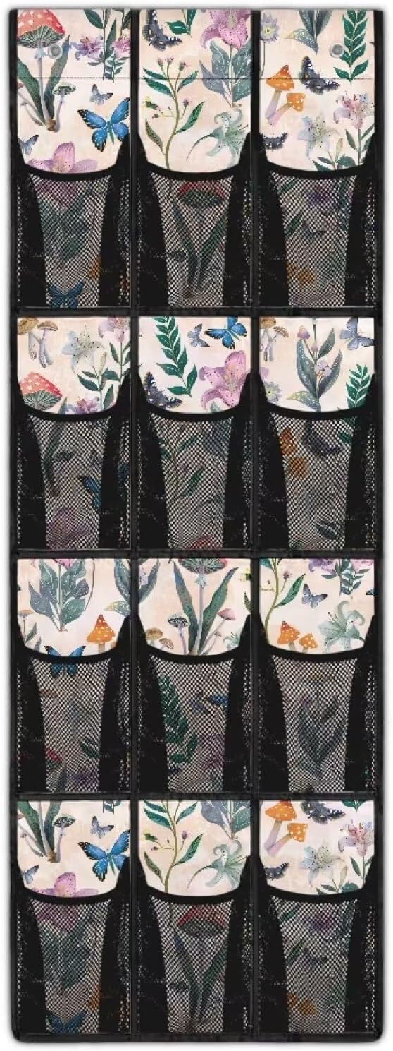 Butterfly Mushroom Over the Door Shoe Organizer 12 Large Pockets Hanging Shoe Rack for Closet Organizers and Storage Sturdy Oxford Fabric Shoe Hanger