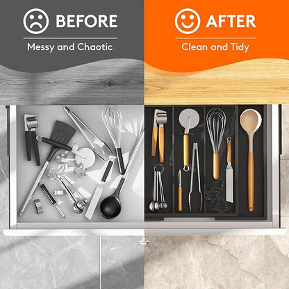 Lifewit Utensil Organizer for Kitchen Drawer, Expandable Cooking Utensil Tray, Cutlery Silverware Flatware Holder, Wood Adjustable Spatula Tools Storage Divider, 13-22x15/ 33-56x38cm, Black