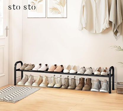 STO STO Long Expandable Shoe Rack 1-Tier, Adjustable Length 33.7”–47.5” Shoe Organizer, Metal Shoes Storage Shelf, Holds Up to 12 Pairs, Non-Slip Feet, for Closet, Entryway, Hallway, Front Door, Black