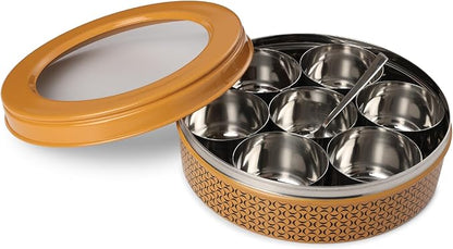 dudki 7 in 1 Stainless Steel Spice box for kitchen sturdy Masala dabba jar for Spices Seamless Design (Caramel Orange)