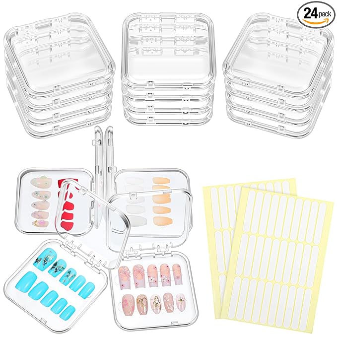 24 pcs Press on Nails Storage Boxs with 120 Pcs Adhesive Double Sided Tape Acrylic Nail Display Box Artificial False Nail Box Organizer Fake Nail Case Transparent Nail Packaging Boxes for Nail Salon