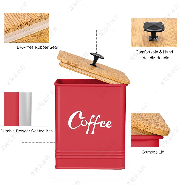Coffee Canister,Airtight 40 oz Large Iron Black Storage Container for Coffee Grounds, Beans, Pods & More,Accessories & Gifts (Red)