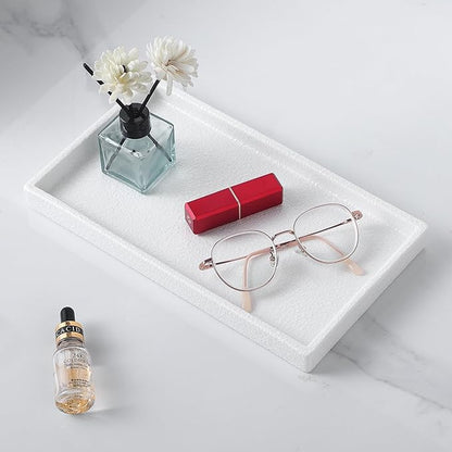 Bathroom Vanity Tray - 11'' Ceramic Rough-Textured Rectangle Countertop Tray, Heavy-Duty Perfume Organizer Plate, Jewelry Ring Tray, Kitchen Soap Dispenser Stone Trays, White