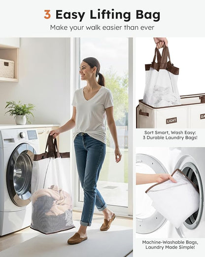 SOLEDI 200L 3-Section Laundry Hamper with Lid, Extra Large Dirty Clothes Basket with Sturdy Handles for Laundry Room & Bedroom - Durable Organizer for Sorting Laundry