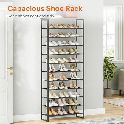 HOOBRO 12-Tier Shoe Rack for Entryway, 29.5" L Shoe Storage Organizer, Large Capacity Shoe Shelf for Closet, Front Door Entrance, Hallway, Holds 36-48 Pairs of Shoes, Greige and Black BG127XJ01