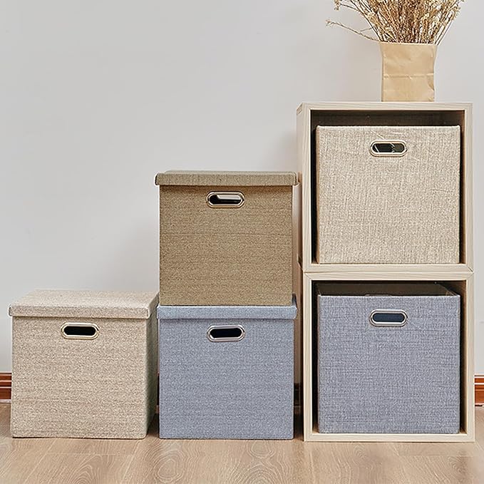 Storage Bins with Lids,13 x 13 Inch Foldable Fabric Cube Baskets Boxes Organizer for Closet, Shelves, and Home. (Khaki, (13x13) 3 pack)
