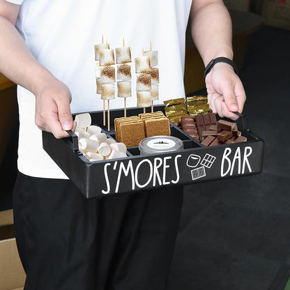 Wooden S'mores Bar Station, Smores Caddy Holder with Handles for Counter, Farmhouse S'mores Serving Tray for Kitchen, S’mores Maker Box for Smores Kit Camping Decor, Smores Accessories Organizer