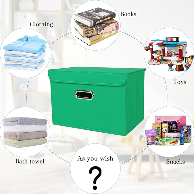 STOREONE Fabric Storage Cube Bins Foldable Organizer Container Collapsible Basket with Lids and Metal Handles, for Home, Bedroom, Closet 3 Pcs (Green)