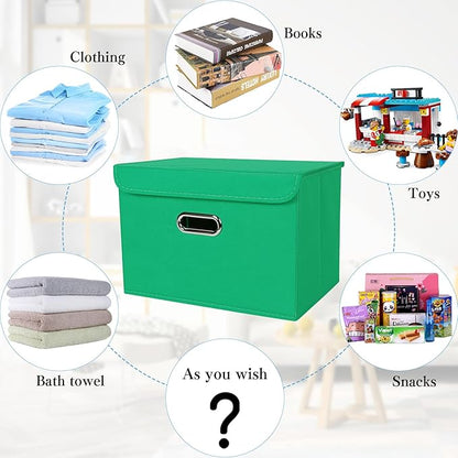 STOREONE Fabric Storage Cube Bins Foldable Organizer Container Collapsible Basket with Lids and Metal Handles, for Home, Bedroom, Closet 3 Pcs (Green)
