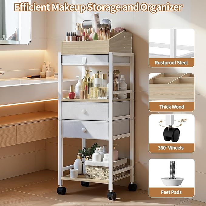 Luxspire Makeup Organizer Cart, Floor Skincare Organizers, Makeup Storage with Drawers, Vanity Organizer Cosmetics Display Cases Holder for Skin Care, Perfume, Makeup Brush, Hair Tool, Wood & White