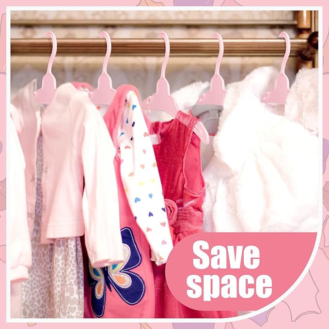 Soulchen 50 Pcs Doll Clothes Hangers for 18 Inch Dolls, Pink Plastic Clothes Hangers with Non-Slip Clips, Space-Saving Wardrobe Accessories for Gown Dress Outfit