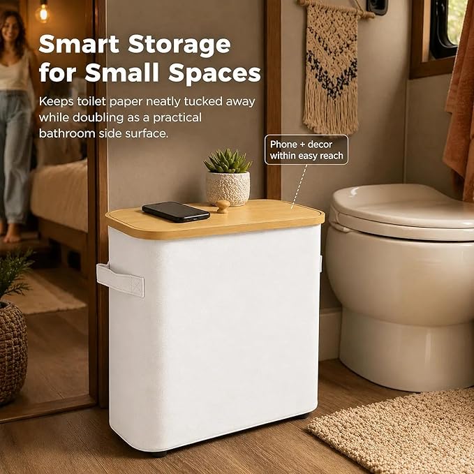 Premium Waterproof Toilet Paper Storage Box with Bamboo Lid - Fits 9 Mega Rolls, 900D Heavy-Duty Fabric Bathroom Organizer Bin with Elevated Base & Handles for Narrow Spaces (17.3"x 6.9"x 15.5")