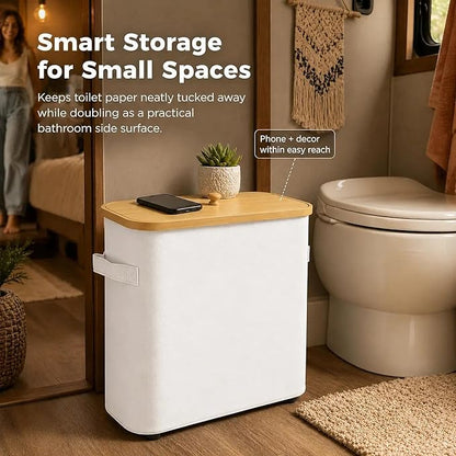 Premium Waterproof Toilet Paper Storage Box with Bamboo Lid - Fits 9 Mega Rolls, 900D Heavy-Duty Fabric Bathroom Organizer Bin with Elevated Base & Handles for Narrow Spaces (17.3"x 6.9"x 15.5")