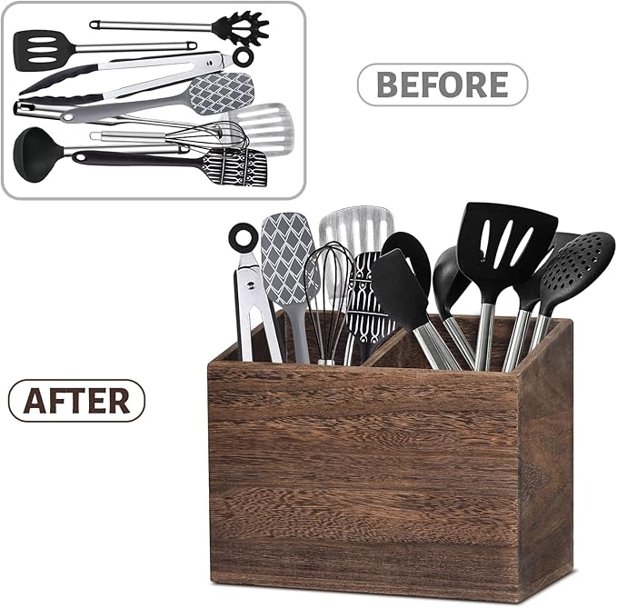 Wooden Kitchen Utensil Caddy With 2 Compartments, Rustic Utensil Holder for Kitchen Countertop, Wood Utensil Crock Organizer Box for Farmhouse Kitchen Decor (brown)