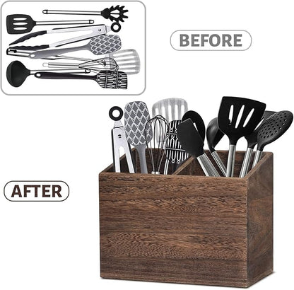 Wooden Kitchen Utensil Caddy With 2 Compartments, Rustic Utensil Holder for Kitchen Countertop, Wood Utensil Crock Organizer Box for Farmhouse Kitchen Decor (brown)
