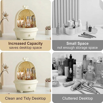 360° Rotating Cosmetic Storage Box,Cute Fashion Makeup Organizer with Drawer,Dustproof Skincare Display Case for Vanity Countertop Bathroom,Ideal Gift for Women（Cream）