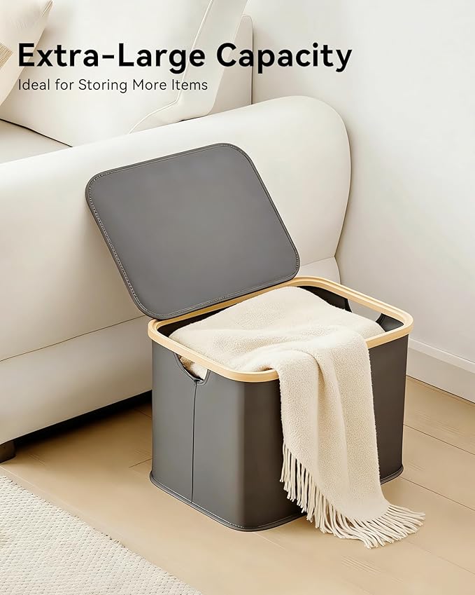 Storage Basket with Lid and Handles, 40L Fabric Bin for Shelf, Closet, Toy Organization, Collapsible Storage Organizer for Home, Grey