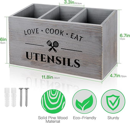 MINCORD Utensil Holder with 3 Compartments, Rustic Wood Utensil Caddy Crocks for Kitchen Counter, Farmhouse Flatware Organizer Storage Box for Silverware Fork Spoon Spatula