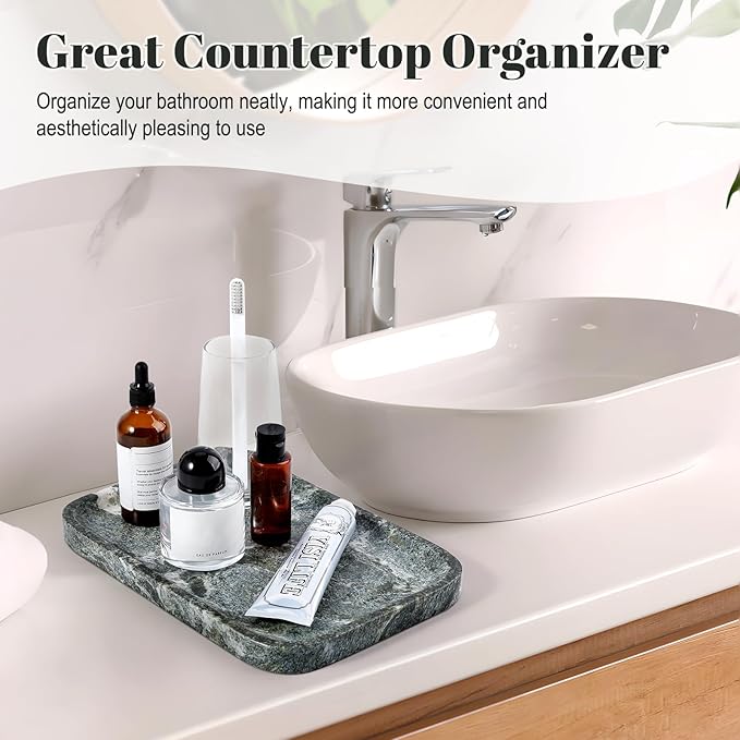 Koville Marble Tray, 12"x8" Natural Marble Vanity Tray for Countertop Bathroom Kitchen Dresser, Marble Catchall Trays for Perfume Jewelry, Decorative Rectangular Tray Home Decor(Green)