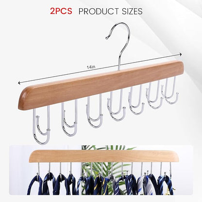 JOHOUSE Belt Organizer for Closet Max 42 Belts, 2 PCS Wooden Hanger for Storage with 14 Rotating Hooks Each, Durable Tie Holder Space Saver for Bra, Tank Top, Scarf