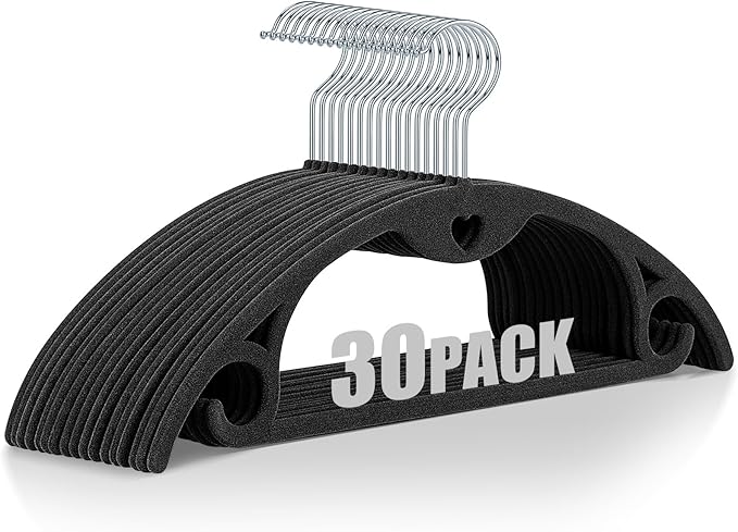 Velvet Hangers 30 Pack: Felt Clothes Hangers Heavy Duty Shirt Sweater Hangers No Shoulder Bump Non Slip Slim Thin Coat Hangers for Closet - Black/18 XL
