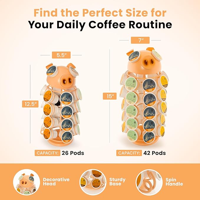 Made Easy Kit Carousel Coffee Pod Holder, Compatible with Keurig K-Pods K-Cups, Countertop Rack Storage Organizer, Metal Home and Kitchen Decor, Capsule Café Station Bar (Large, Pink Pig)