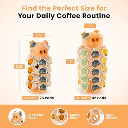 Made Easy Kit Carousel Coffee Pod Holder, Compatible with Keurig K-Pods K-Cups, Countertop Rack Storage Organizer, Metal Home and Kitchen Decor, Capsule Café Station Bar (Large, Pink Pig)