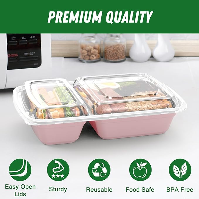 Dealusy 50 Pack (100-Piece) 28 oz Meal Prep Containers Reusable with Lids 2-Compartment, Sturdy Leakproof Food Safe, Microwave Freezer Dishwasher Safe, To Go Take Out Plastic Food Storage, Pink