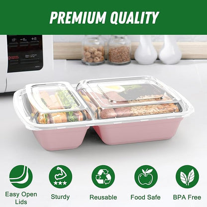 Dealusy 50 Pack (100-Piece) 28 oz Meal Prep Containers Reusable with Lids 2-Compartment, Sturdy Leakproof Food Safe, Microwave Freezer Dishwasher Safe, To Go Take Out Plastic Food Storage, Pink
