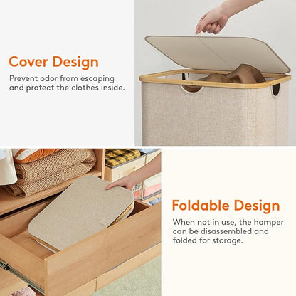 Lifewit 150L Laundry Basket with Lid, Clothes Hampers for Laundry with Bamboo Handles and 2 Removable Bag, Large Foldable Laundry Hamper for Bedroom, Bathroom, Dorm, Laundry Room, Beige