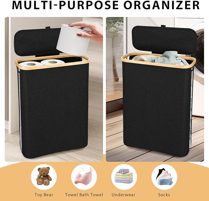Odonata Large Toilet Paper Storage Basket with Lid, Slim Toilet Paper Organizer, Hold up to 20 Regular Rolls or 15 Mega Rolls. (Black, 49L)