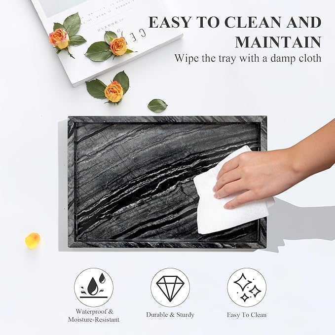 YMXYJM Natural Marble Tray for Bathroom, Genuine Ancient Wood Grain Marble Vanity Tray, Luxury Stone Trays for Dresser, Home Decor, Kitchen, Non-Resin/Non-Ceramic, 12"x 8", Ancient Wood Grain