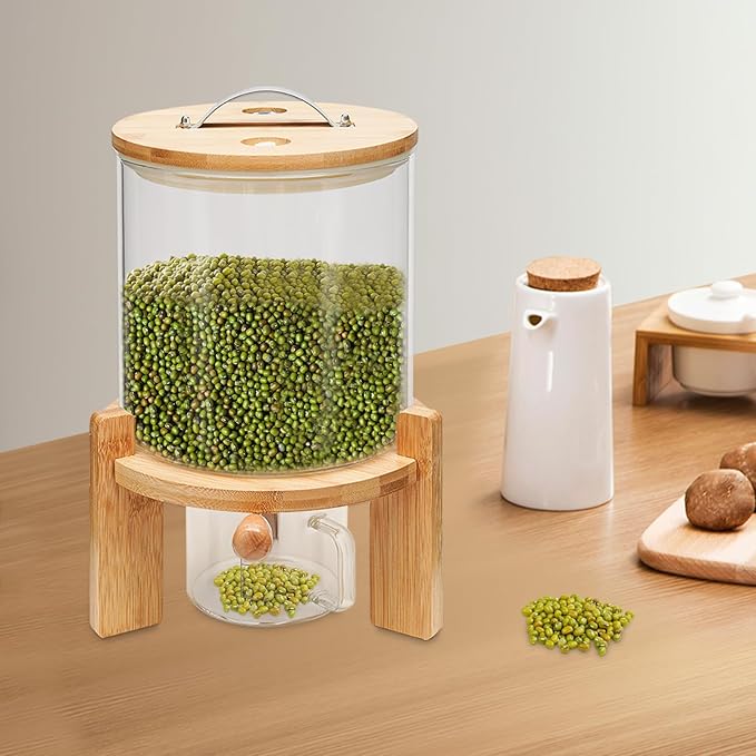 DYNAMI 5L/1.3Gal Glass Rice Dispenser with Airtight Lid,Glass Cereal Dispenser w/Bamboo Stand and Measuring Cup,Bamboo Lid with Thermometer & Silicone Seal Ring,for Kitchen Organization Pantry Store